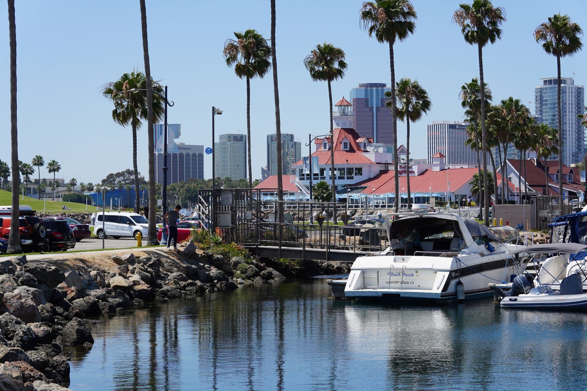 A vibrant marina scene featuring boats, palm trees, and a city skyline under a clear blue sky.